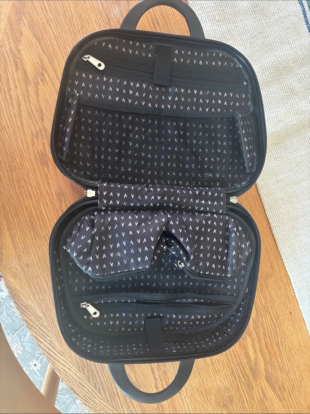 White Graphic Heart Dome Cosmetic Case with Black Handle and Colorful Print